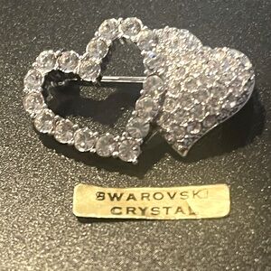 Authentic Swarovski Crystal Swan Stamped Double Heart Brooch pin EXCELLENT